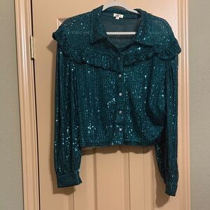 POL Teal Sequin Button Down Shirt